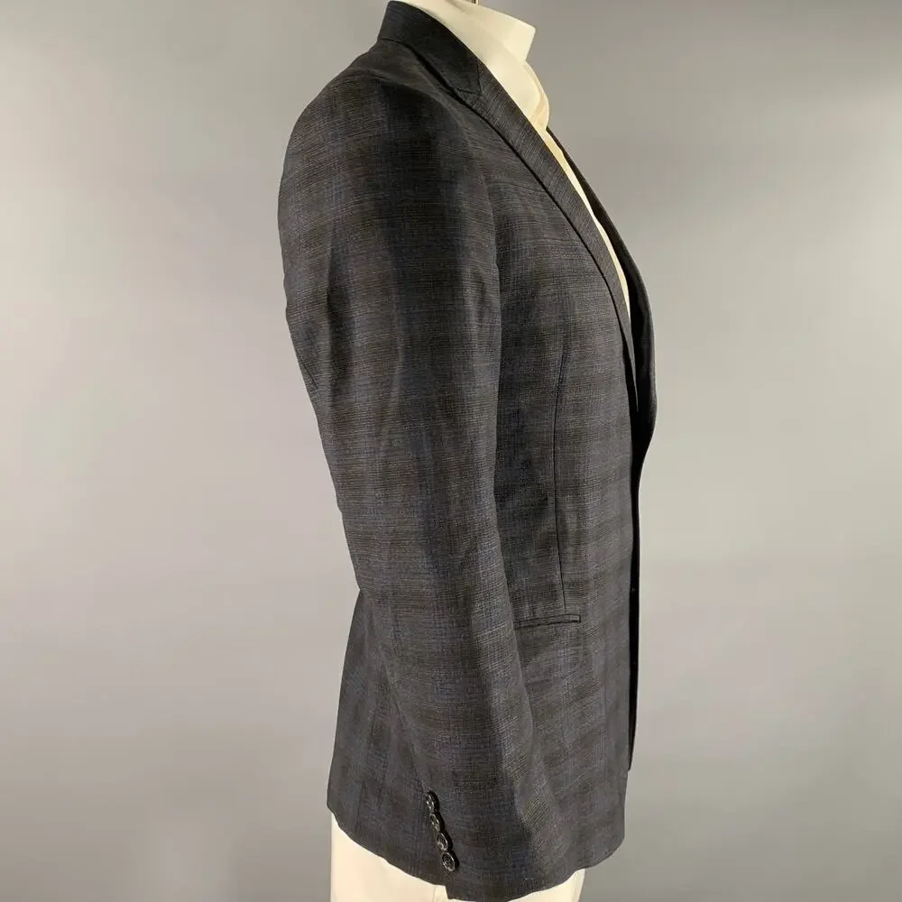 GUCCI Size 42 Grey Blue Ombre Plaid Wool Blend Peak Lapel Sport Coat